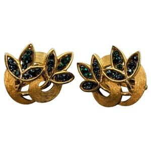 VTG Signed Crown Trifari Blue Green Rhinestone Leaf Brushed Gold Tone Earrings